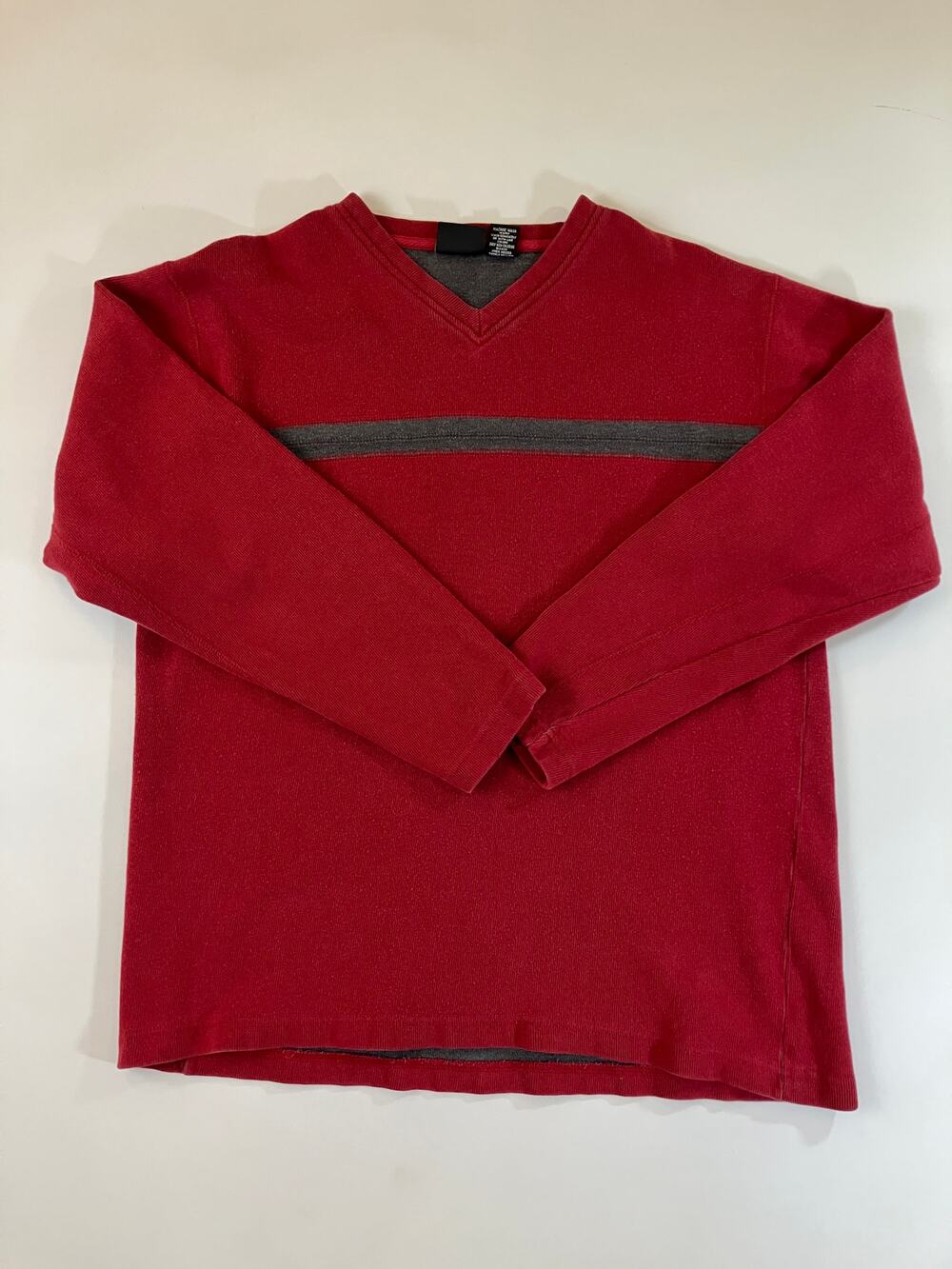 Consensus Sportswear Men's L Red Gray Stripe V Neck Cotton Sweater Pullover